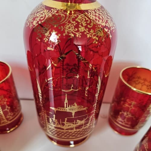 Vtg Decanter 6 Glasses Bohemian Ruby Cranberry Red Gold Overlay W/ Stopper Glass - Thumbnail 8