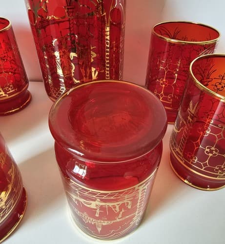 Vtg Decanter 6 Glasses Bohemian Ruby Cranberry Red Gold Overlay W/ Stopper Glass - Thumbnail 6