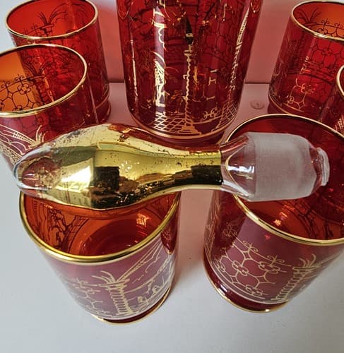 Vtg Decanter 6 Glasses Bohemian Ruby Cranberry Red Gold Overlay W/ Stopper Glass - Thumbnail 9