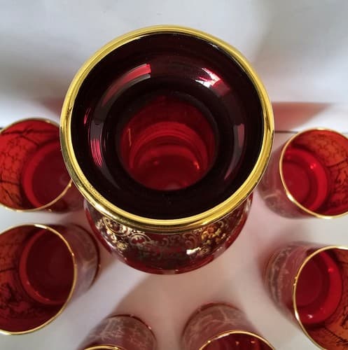 Vtg Decanter 6 Glasses Bohemian Ruby Cranberry Red Gold Overlay W/ Stopper Glass - Thumbnail 10