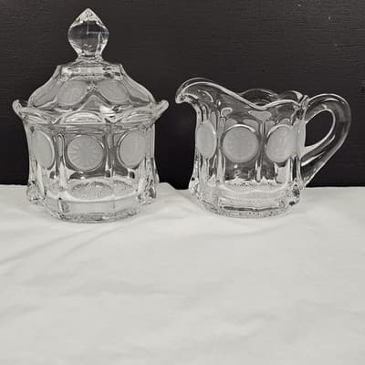 Vintage Fostoria CLEAR COIN GLASS CREAMER & SUGAR BOWL & LID - Thumbnail 2