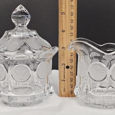 Vintage Fostoria CLEAR COIN GLASS CREAMER & SUGAR BOWL & LID - Thumbnail 14