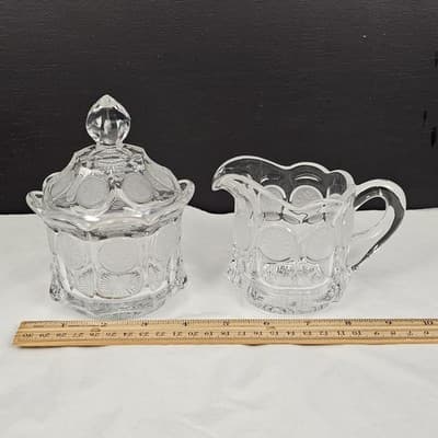 Vintage Fostoria CLEAR COIN GLASS CREAMER & SUGAR BOWL & LID - Thumbnail 17