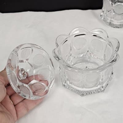 Vintage Fostoria CLEAR COIN GLASS CREAMER & SUGAR BOWL & LID - Thumbnail 6