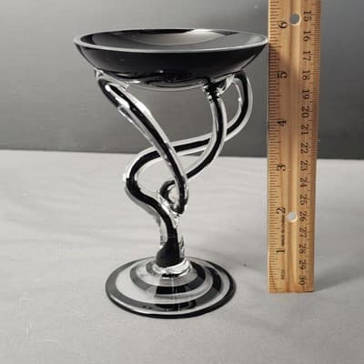 Jozefina Krosno Hand Blown Jelly Fish Pedestal Art Bowl 5.25" Black Clear Swirl - Thumbnail 10