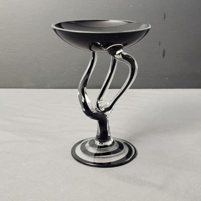 Jozefina Krosno Hand Blown Jelly Fish Pedestal Art Bowl 5.25" Black Clear Swirl - Thumbnail 2
