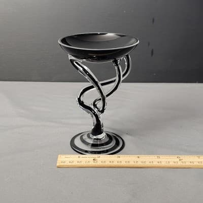 Jozefina Krosno Hand Blown Jelly Fish Pedestal Art Bowl 5.25" Black Clear Swirl - Thumbnail 9