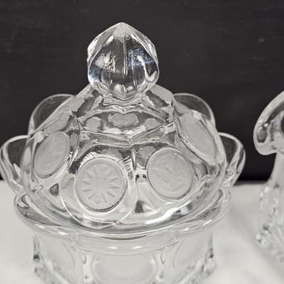 Vintage Fostoria CLEAR COIN GLASS CREAMER & SUGAR BOWL & LID - Thumbnail 5