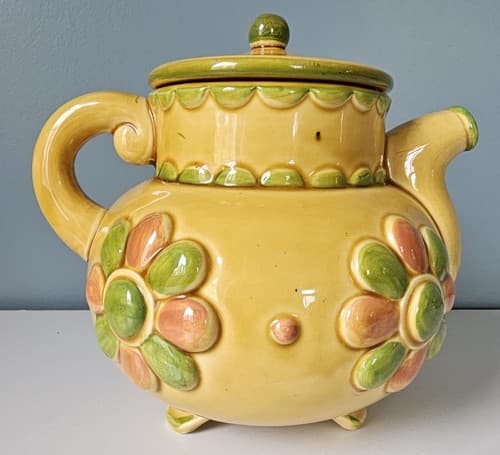 Floral Yellow Green Ceramic Footed Teapot, 5.5” With Lid Tri- footed Hippy Fun - Thumbnail 2
