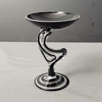 Jozefina Krosno Hand Blown Jelly Fish Pedestal Art Bowl 5.25" Black Clear Swirl - Thumbnail 3