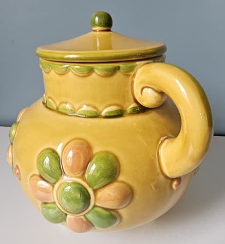 Floral Yellow Green Ceramic Footed Teapot, 5.5” With Lid Tri- footed Hippy Fun - Thumbnail 7