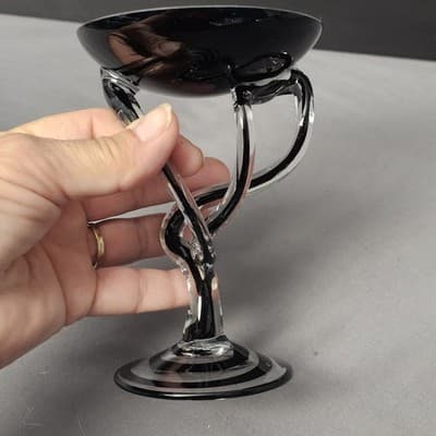 Jozefina Krosno Hand Blown Jelly Fish Pedestal Art Bowl 5.25" Black Clear Swirl - Thumbnail 6