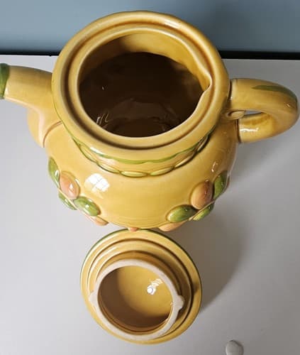 Floral Yellow Green Ceramic Footed Teapot, 5.5” With Lid Tri- footed Hippy Fun - Thumbnail 3