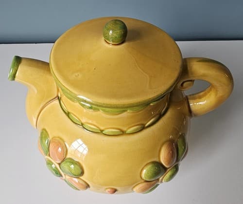 Floral Yellow Green Ceramic Footed Teapot, 5.5” With Lid Tri- footed Hippy Fun - Thumbnail 4