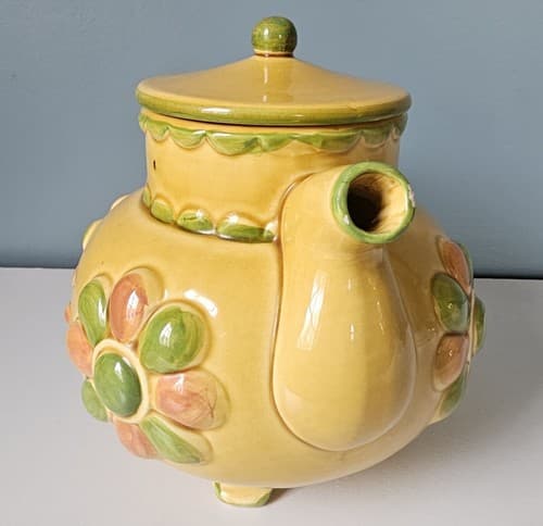 Floral Yellow Green Ceramic Footed Teapot, 5.5” With Lid Tri- footed Hippy Fun - Thumbnail 8