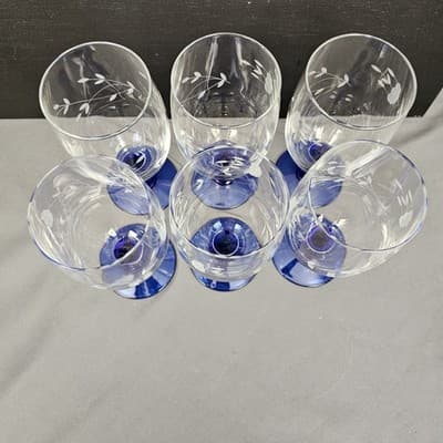 Set Of 6 Princess House Heritage Handblown Crystal 6.75" Iced Tea Blue Stem 16oz - Thumbnail 2