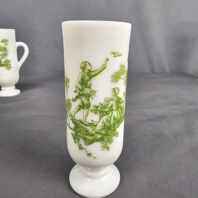 Vintage Green Avon Milk Glass Bud Vase 5" - Victorian Scene, Nice - Thumbnail 3