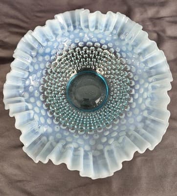 Fenton Hobnail Blue Opalescent Double Crimped 10 Inch Glass Bowl - Thumbnail 3