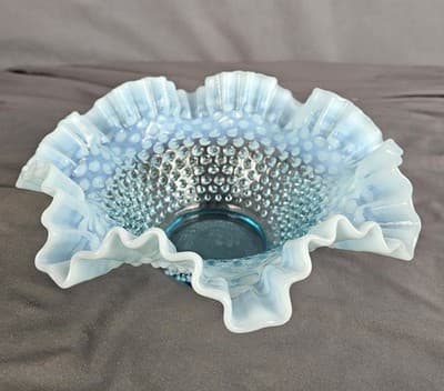 Fenton Hobnail Blue Opalescent Double Crimped 10 Inch Glass Bowl - Thumbnail 2
