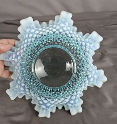 Fenton Hobnail Blue Opalescent Double Crimped 10 Inch Glass Bowl - Thumbnail 5