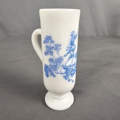 Vintage Blue Avon Milk Glass Bud Vase 5" - Victorian Scene, Nice - Thumbnail 2