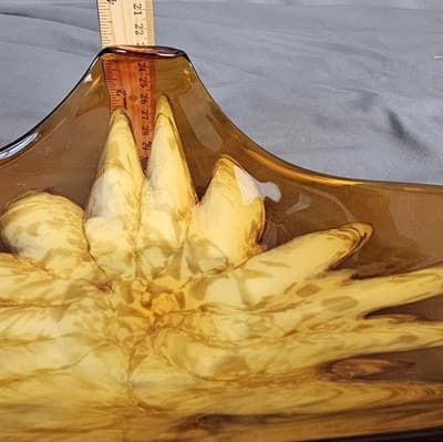 Vintage Murano Art Glass Bowl Gold Flecks Amber 3 Point Folded Rim 11" x 7" MCM - Thumbnail 9
