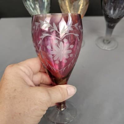 Bohemian Cut to Clear Set of 4 Cocktail Glasses Czech 6.5", 4 colors, 8oz. - Thumbnail 7
