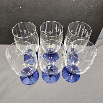 Set Of 6 Princess House Heritage Handblown Crystal 6.75" Iced Tea Blue Stem 16oz - Thumbnail 3
