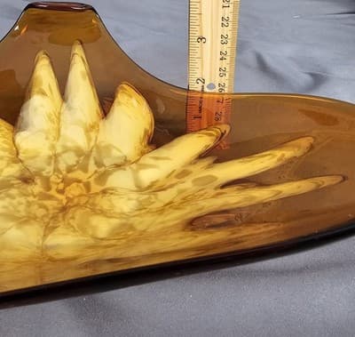 Vintage Murano Art Glass Bowl Gold Flecks Amber 3 Point Folded Rim 11" x 7" MCM - Thumbnail 8