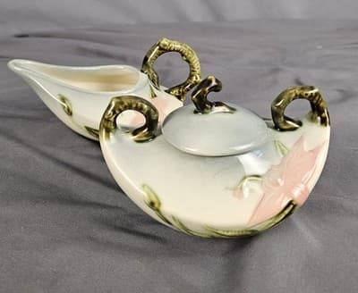 Hull Pottery Woodland Creamer & Sugar w Lid Chartreuse & Pink Glossy W27-28 USA - Thumbnail 4