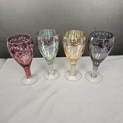 Bohemian Cut to Clear Set of 4 Cocktail Glasses Czech 6.5", 4 colors, 8oz. - Thumbnail 2