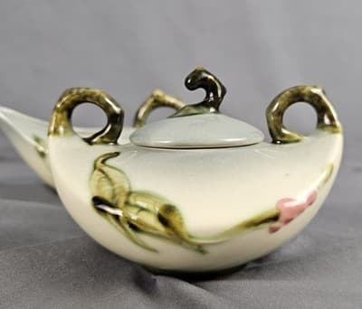 Hull Pottery Woodland Creamer & Sugar w Lid Chartreuse & Pink Glossy W27-28 USA - Thumbnail 6