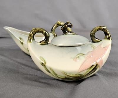 Hull Pottery Woodland Creamer & Sugar w Lid Chartreuse & Pink Glossy W27-28 USA - Thumbnail 5
