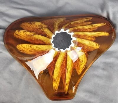 Vintage Murano Art Glass Bowl Gold Flecks Amber 3 Point Folded Rim 11" x 7" MCM - Thumbnail 5