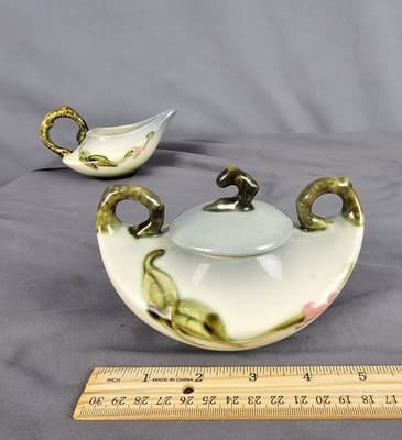 Hull Pottery Woodland Creamer & Sugar w Lid Chartreuse & Pink Glossy W27-28 USA - Thumbnail 19