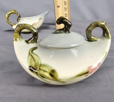 Hull Pottery Woodland Creamer & Sugar w Lid Chartreuse & Pink Glossy W27-28 USA - Thumbnail 20