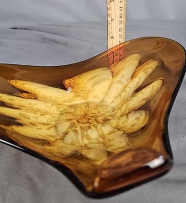 Vintage Murano Art Glass Bowl Gold Flecks Amber 3 Point Folded Rim 11" x 7" MCM - Thumbnail 10
