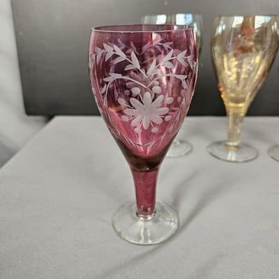 Bohemian Cut to Clear Set of 4 Cocktail Glasses Czech 6.5", 4 colors, 8oz. - Thumbnail 3