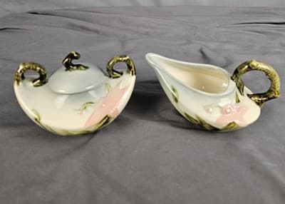 Hull Pottery Woodland Creamer & Sugar w Lid Chartreuse & Pink Glossy W27-28 USA - Thumbnail 3