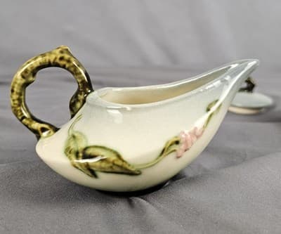 Hull Pottery Woodland Creamer & Sugar w Lid Chartreuse & Pink Glossy W27-28 USA - Thumbnail 10