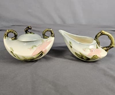 Hull Pottery Woodland Creamer & Sugar w Lid Chartreuse & Pink Glossy W27-28 USA - Thumbnail 2
