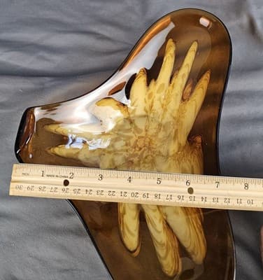 Vintage Murano Art Glass Bowl Gold Flecks Amber 3 Point Folded Rim 11" x 7" MCM - Thumbnail 7