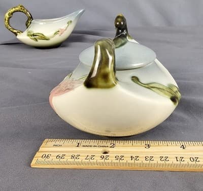 Hull Pottery Woodland Creamer & Sugar w Lid Chartreuse & Pink Glossy W27-28 USA - Thumbnail 21