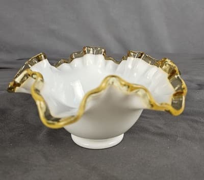 Vintage Fenton White Gold Crest Ruffled Edge White Glass Candy Dish - 7 1/2" - Thumbnail 2