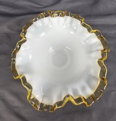 Vintage Fenton White Gold Crest Ruffled Edge White Glass Candy Dish - 7 1/2" - Thumbnail 3