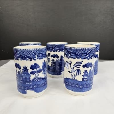 Vintage Blue Willow Style Japan Tea Cups Set 5 Scenic Pagoda- 3.75” - Thumbnail 3