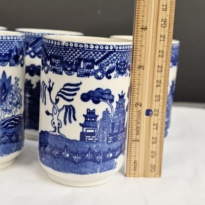 Vintage Blue Willow Style Japan Tea Cups Set 5 Scenic Pagoda- 3.75” - Thumbnail 6