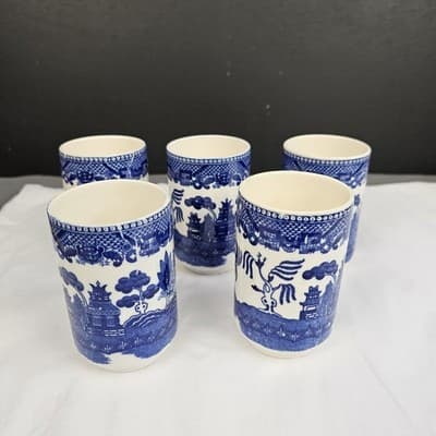 Vintage Blue Willow Style Japan Tea Cups Set 5 Scenic Pagoda- 3.75” - Thumbnail 2