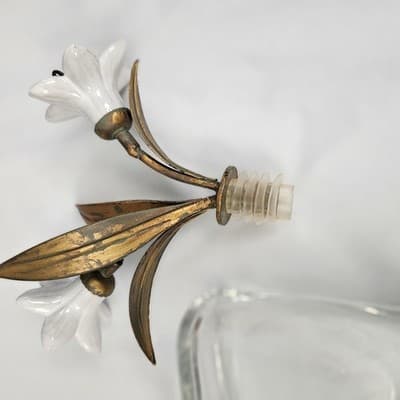 Vintage Glass Bottle/ Decanter With Glass Lillys & Gilt Brass MCM 7.5" Tall - Thumbnail 6