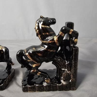 Vintage Ceramic Bookends Horse Zebra black w Gold Accents 1960s Lipper & Mann - Thumbnail 6